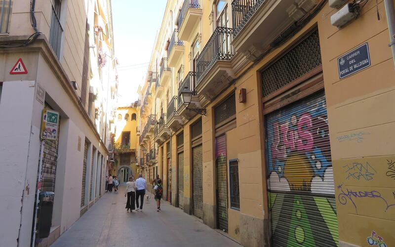 Smalle straat in de wijk El Carmen in Valencia met kleurrijke gevels
