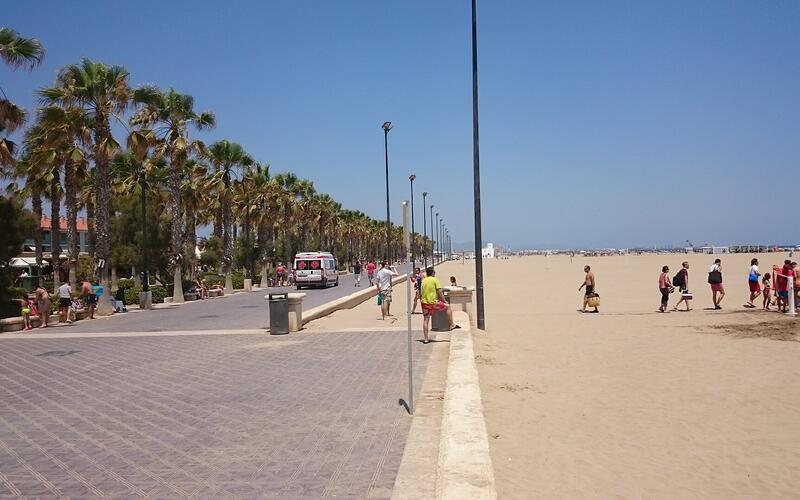 De boulevard met palmbomen langs het stadsstrand van Valencia